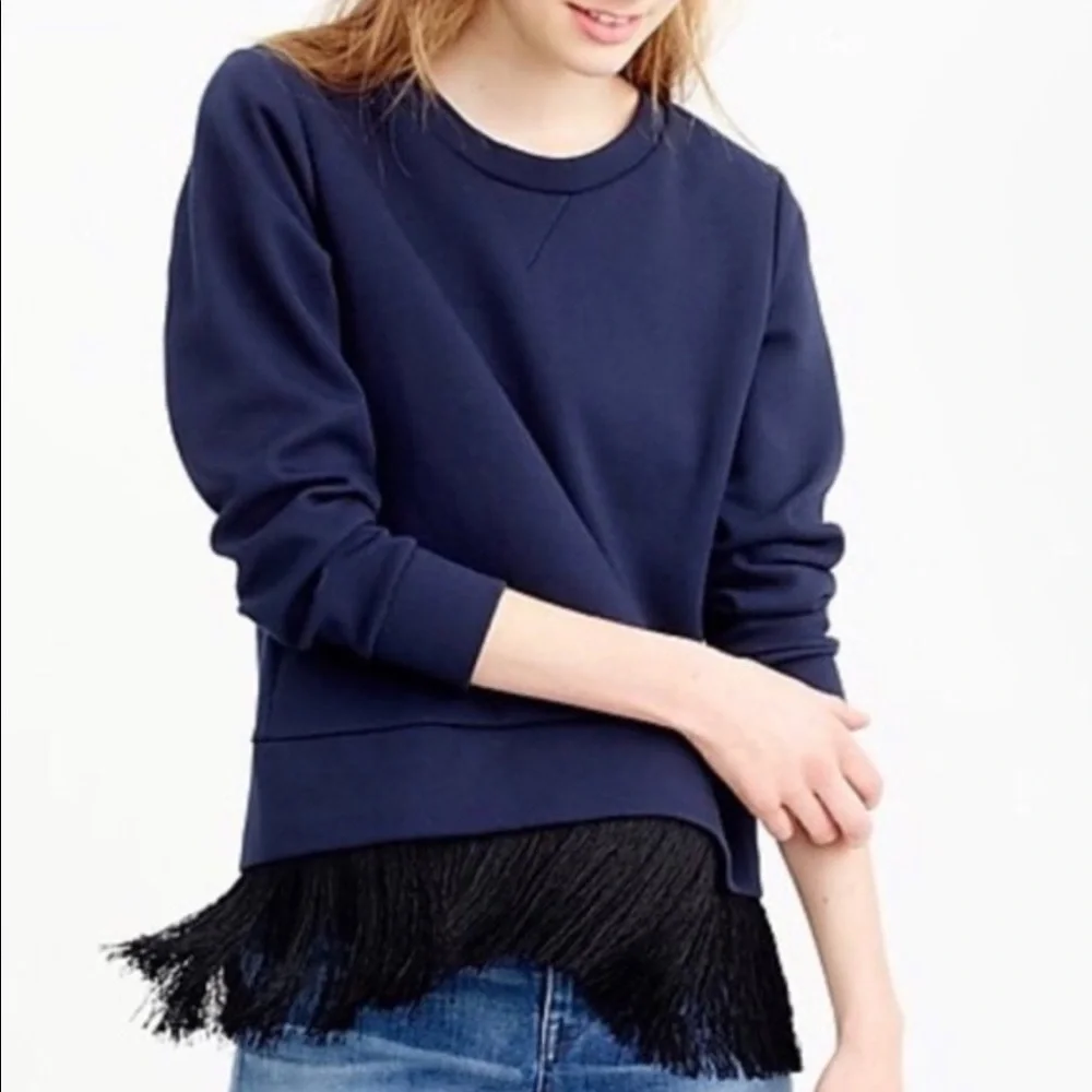 J.Crew- Navy Crewneck Sweater With Fringe Hem